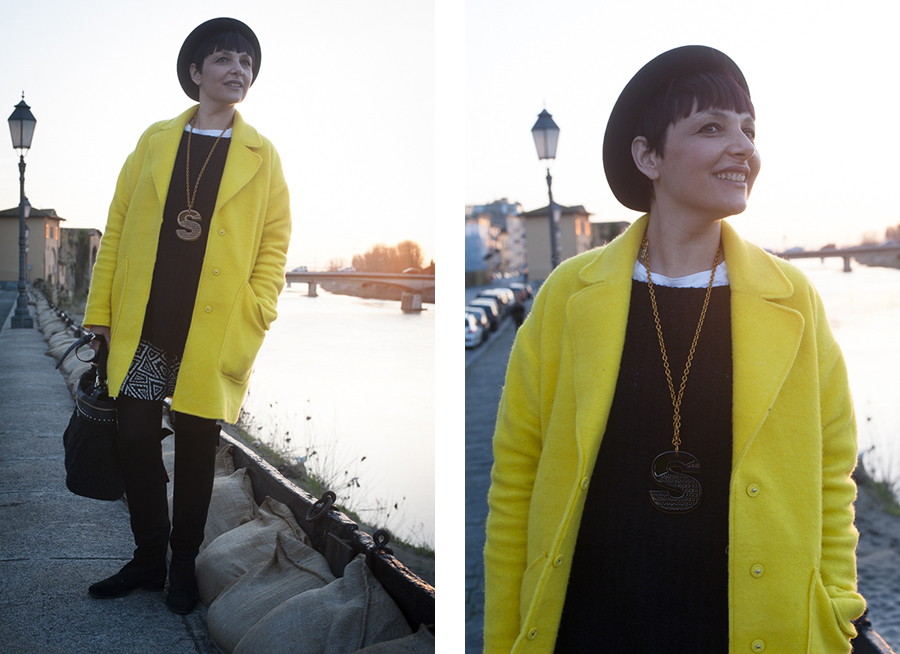 Smilingischic, fashion blog, yellow coat, sunset, Pisa ,, Quid, Accessori,  outfit 